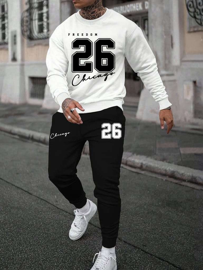 Sports Men's Clothing Casual Retro Digital Printed Round Neck Sweater Suit