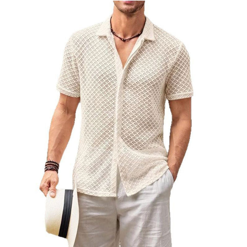 Summer Mesh Short Sleeve Shirt Fashion Solid Color Lapel Shirt Tops Beach Men Clothing