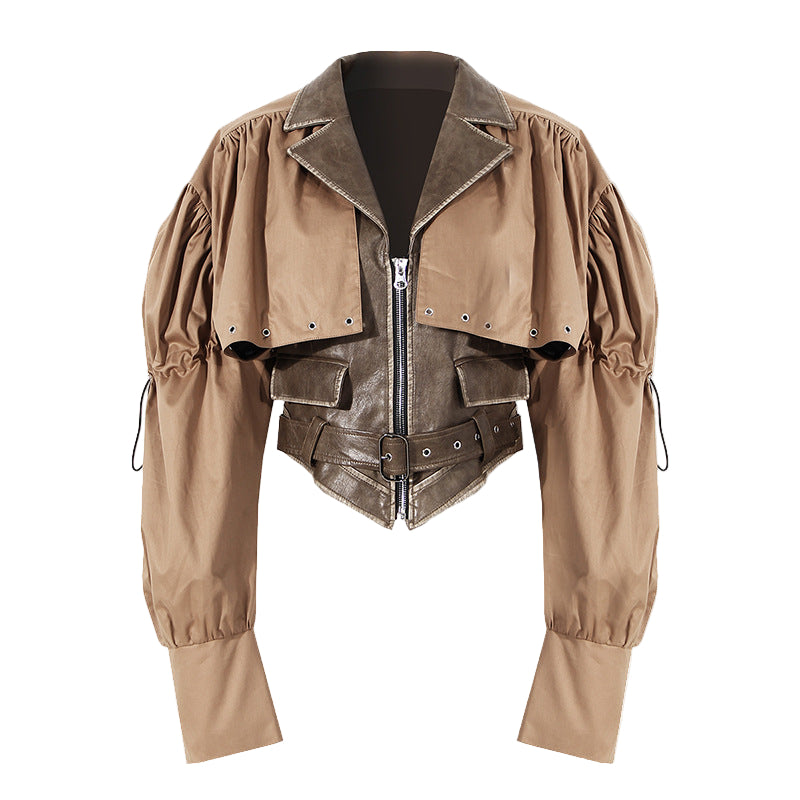 Niche Design Two-piece Coat Cape Stitching PU Handsome Waist-tight Jacket