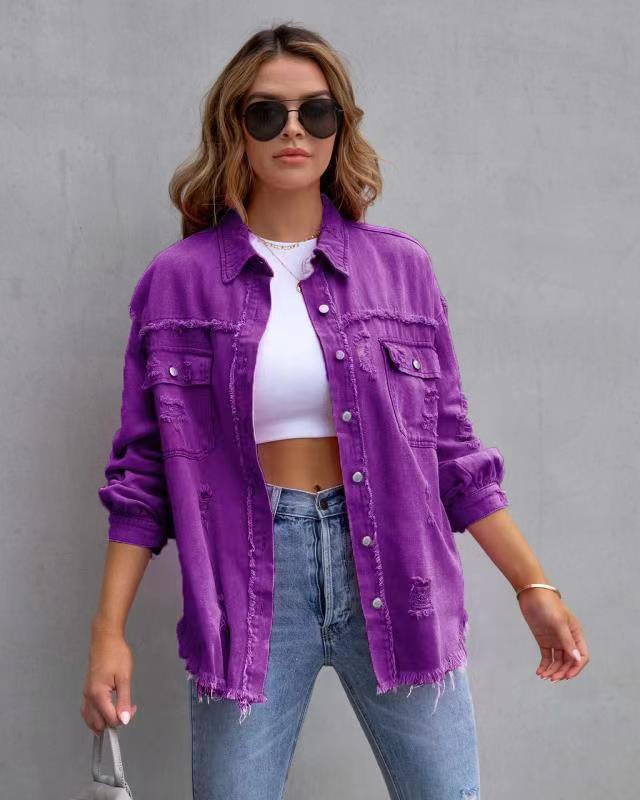 Fashion Ripped Shirt Jacket Female Autumn And Spring Casual  Womens