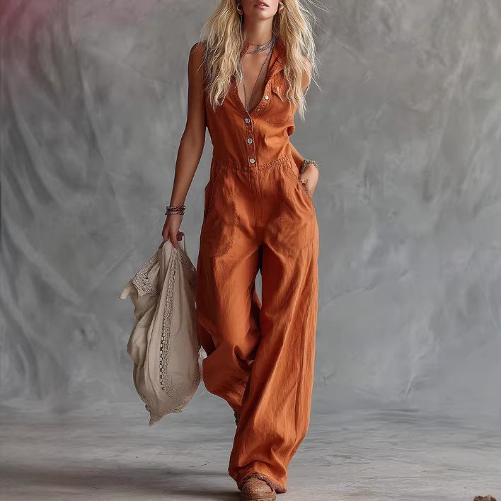 Womens Solid-Color Casual Fashion V-Neck Front-Button Sleeveless Jumpsuit