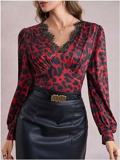 Womens Long-Sleeve Shirt With Lace Trim V-Neck Slim Fit