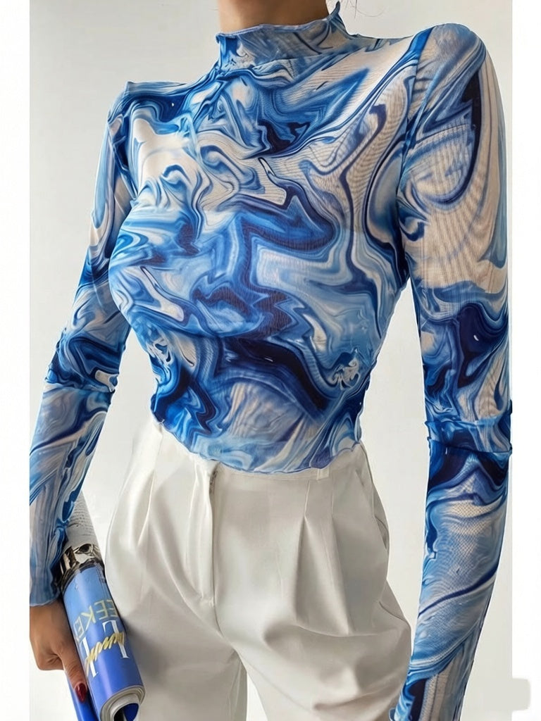 Fashionable Printed Mock Neck Long-Sleeve Slim-Fit Sexy Mesh T-Shirt Top