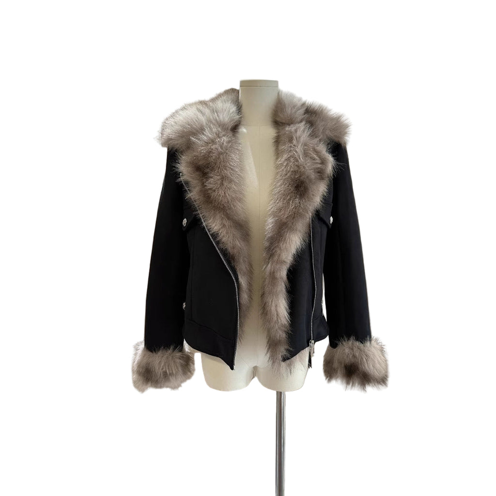 Winter Black Fur Motorcycle Warm Jacket