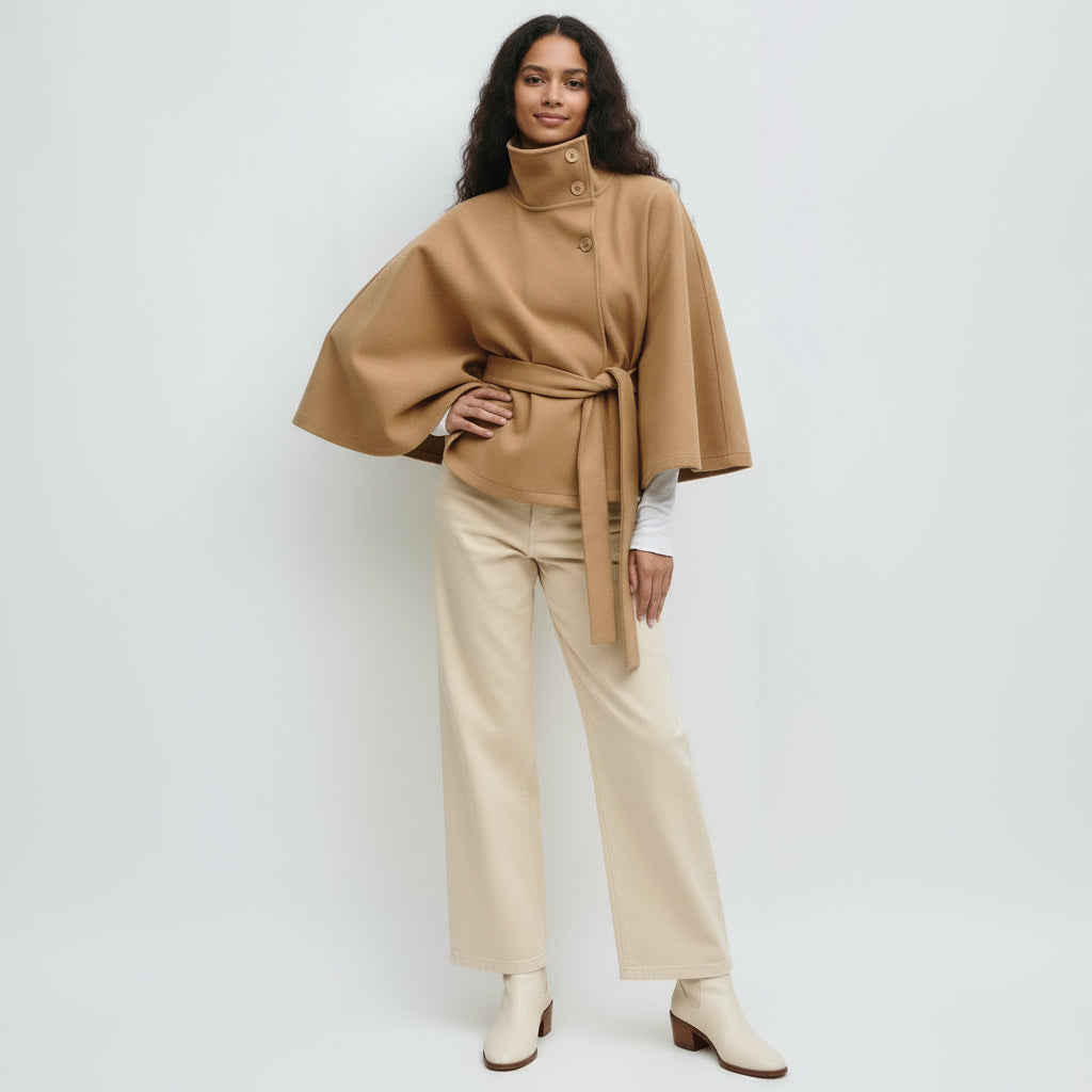 Winter High Neck Batwing Sleeve Coat With Belt Fashion Loose Elegant Button Top Trench Coat For Women Clothing