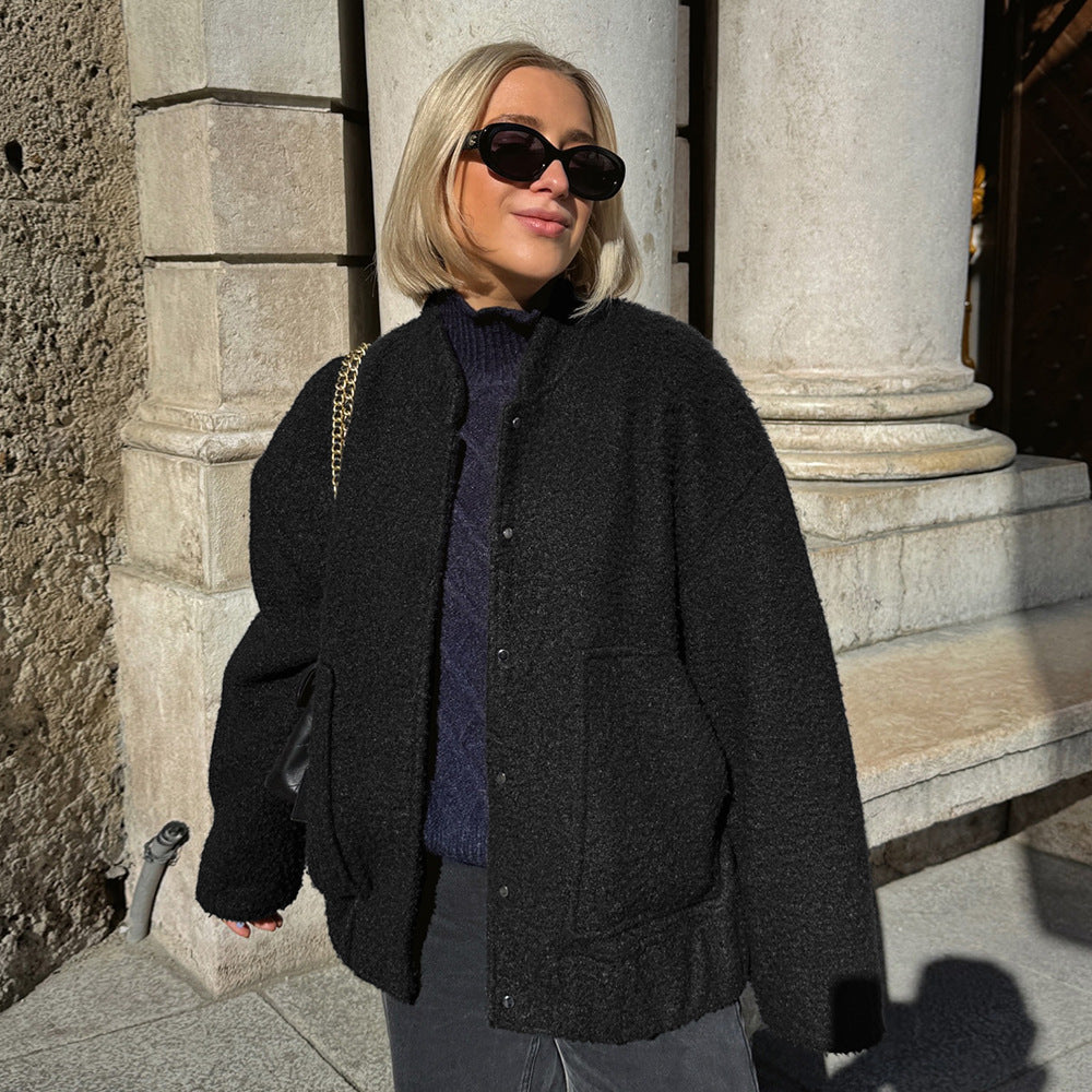 Women's Loose-Fit Stand-Collar Wool-Look Jacket - Coalboyz product image 4
