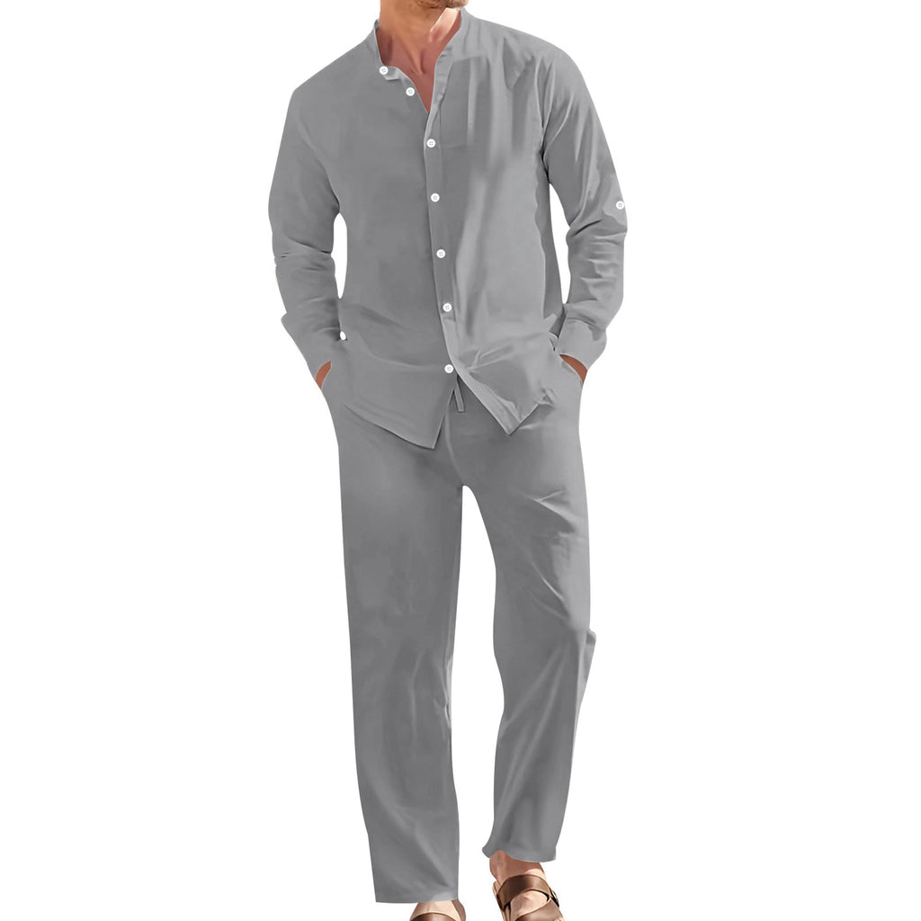 Men's Linen Casual Stand-Collar Shirt And Loose-Fit Trousers Set