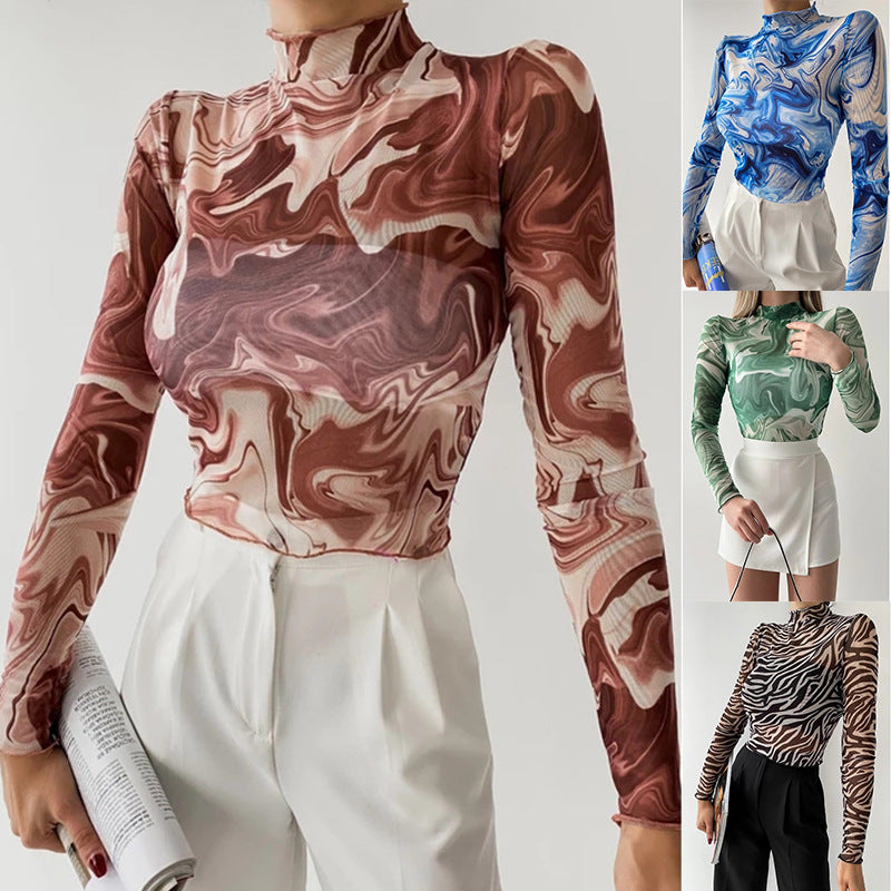 Fashionable Printed Mock Neck Long-Sleeve Slim-Fit Sexy Mesh T-Shirt Top
