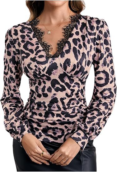 Womens Long-Sleeve Shirt With Lace Trim V-Neck Slim Fit