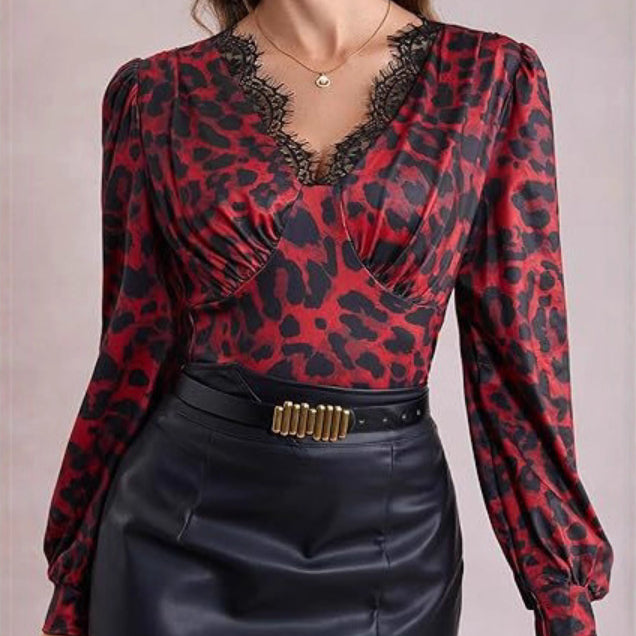 Womens Long-Sleeve Shirt With Lace Trim V-Neck Slim Fit