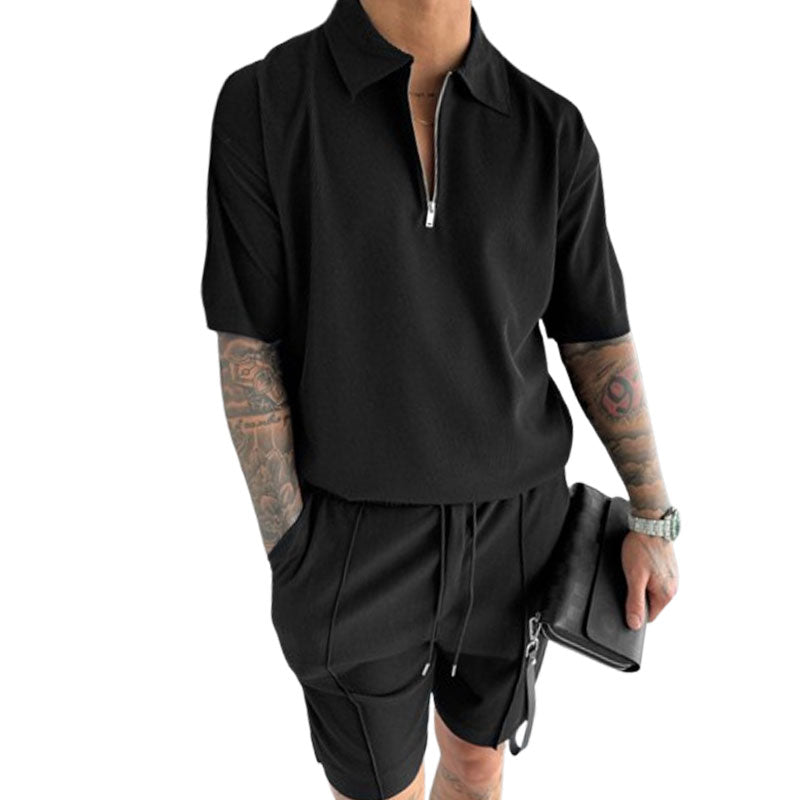 Summer Fashion Mens Clothing  Men's Suits New Zipper Polo Casual Short Sleeve Drawstring Shorts Men's Set