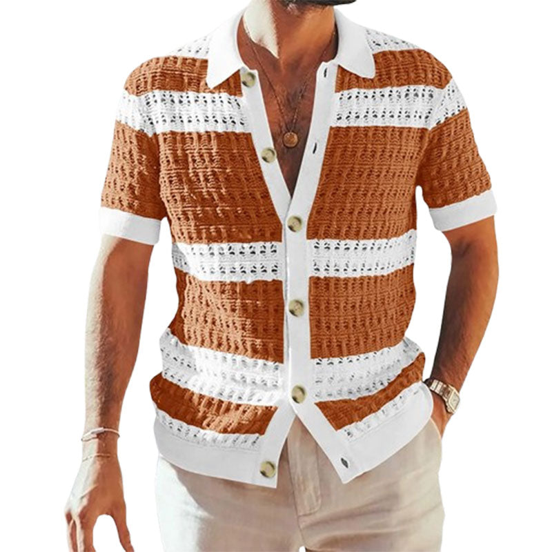 Summer Luxury Fashion New Knitted Shirt Men's Polo Neck Short Sleeve Colored Hollow Breathable Cardigan Men's Top Coat