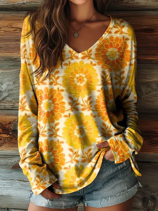 Women's Printed Drop-Shoulder V-Neck Long-Sleeve Pullover Top