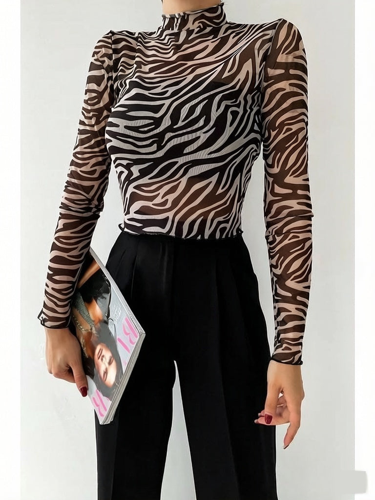 Fashionable Printed Mock Neck Long-Sleeve Slim-Fit Sexy Mesh T-Shirt Top