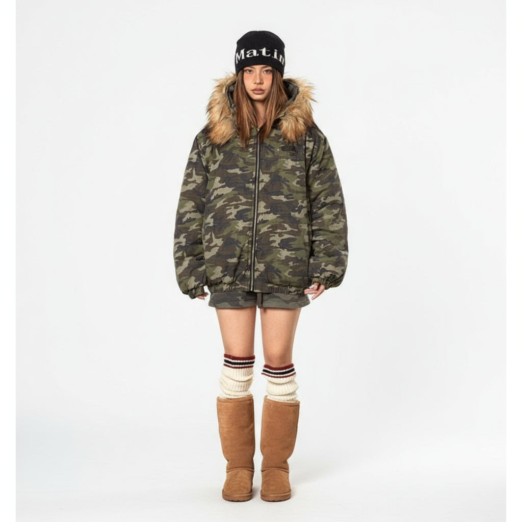 American Retro Heavy Big Fur Collar Hooded Camouflage Cotton Jacket