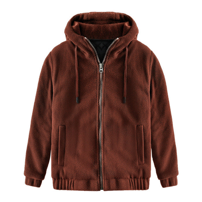 Winter Hooded Cardigan Keep Warm Pure Color Coat Thickened Fluff Sweater