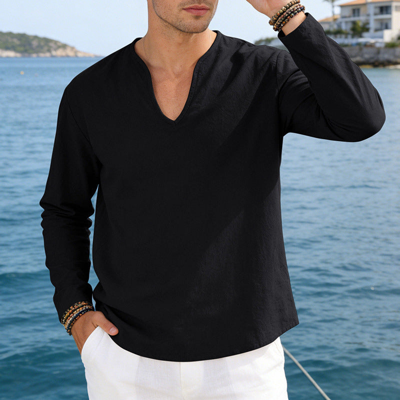 Men's V-Neck Plus-Size Long-Sleeve T-Shirt
