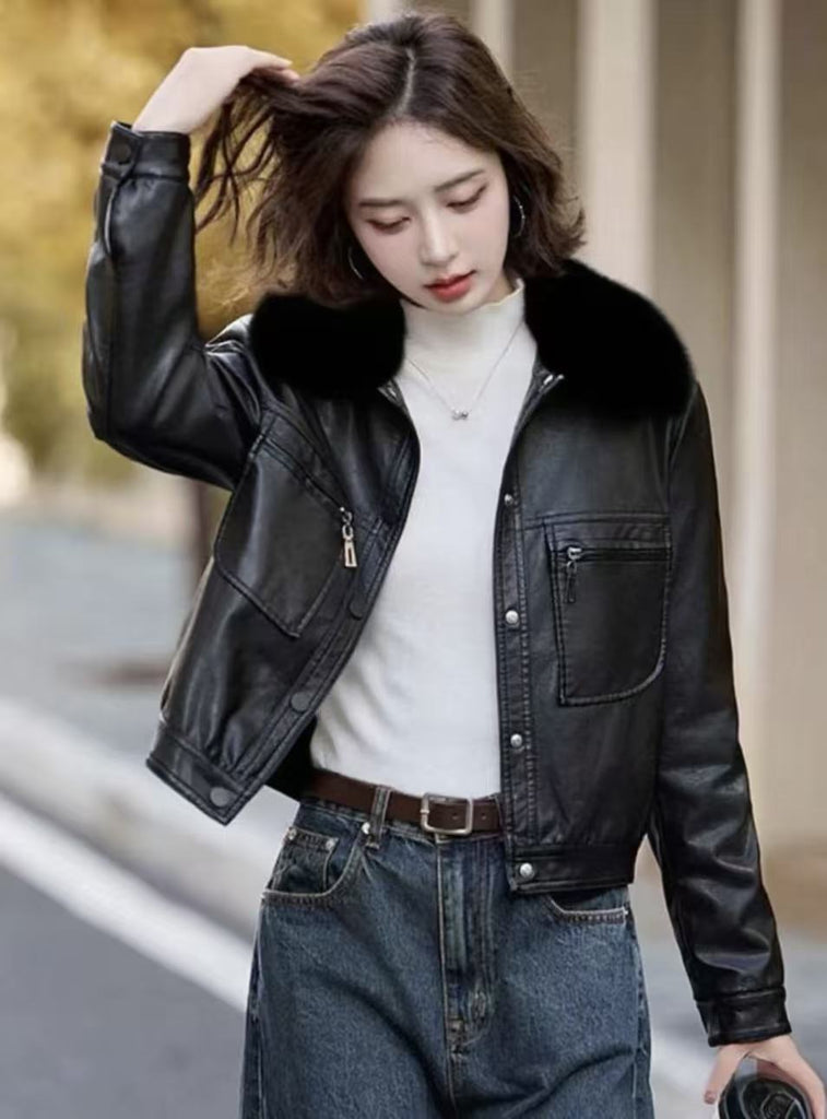 Fleece-lined Thickened Western Style Fashion Short Lapel PU Women's Coat