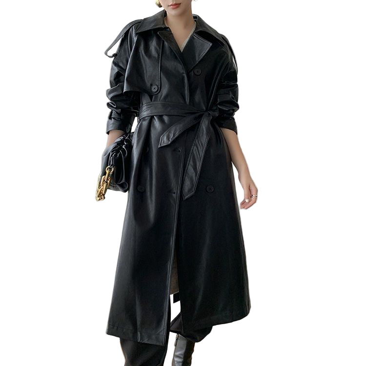 Retro Women's Mid-length Waist Slimming Pu Coat