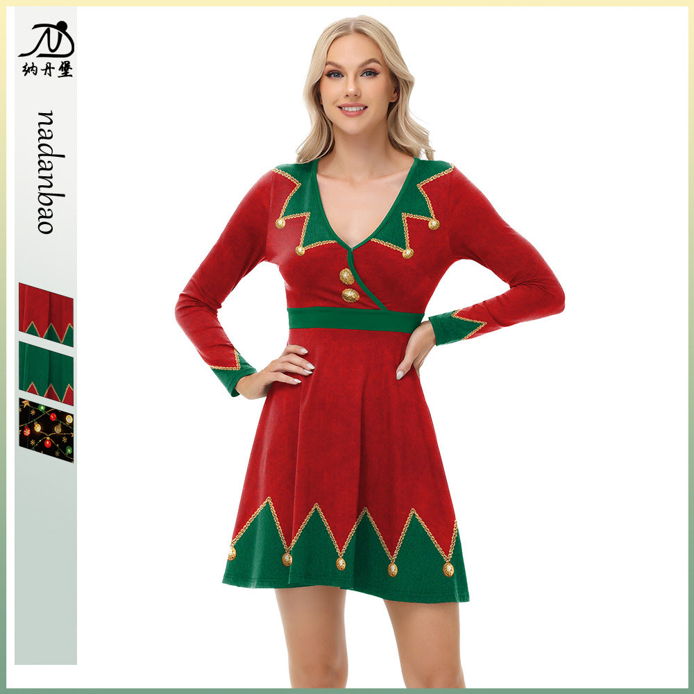 Christmas Elf V-Neck Long-Sleeve Costume Dress – product photo