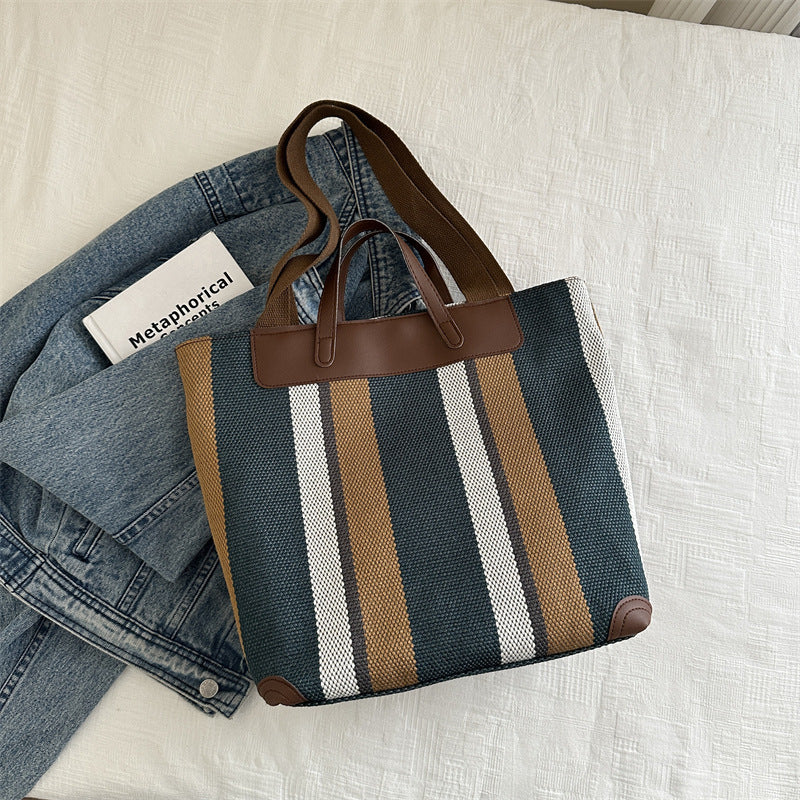 Women's Contrast Color Striped Canvas Handbag