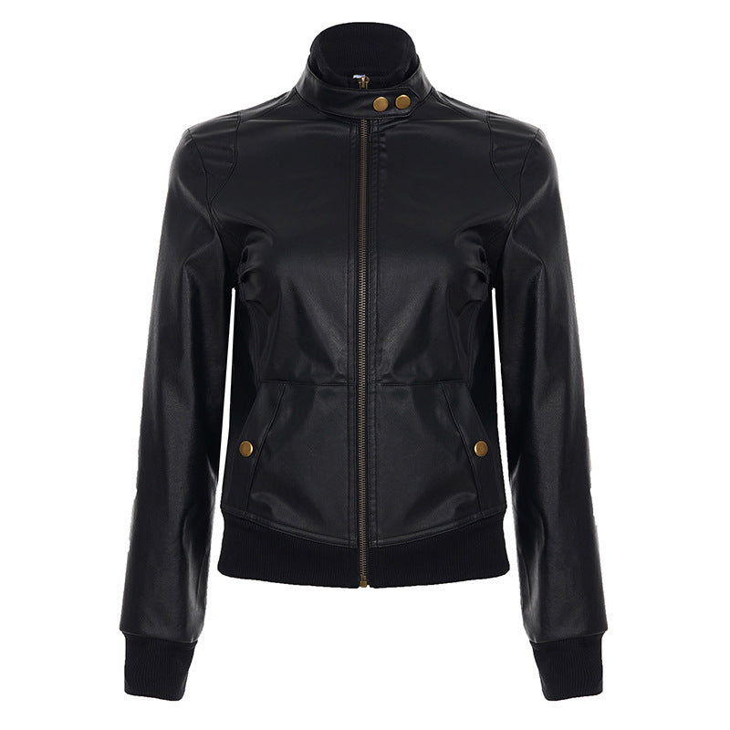 American Street Locomotive Style Waist Trimming Short Stand Collar PU Leather Jacket