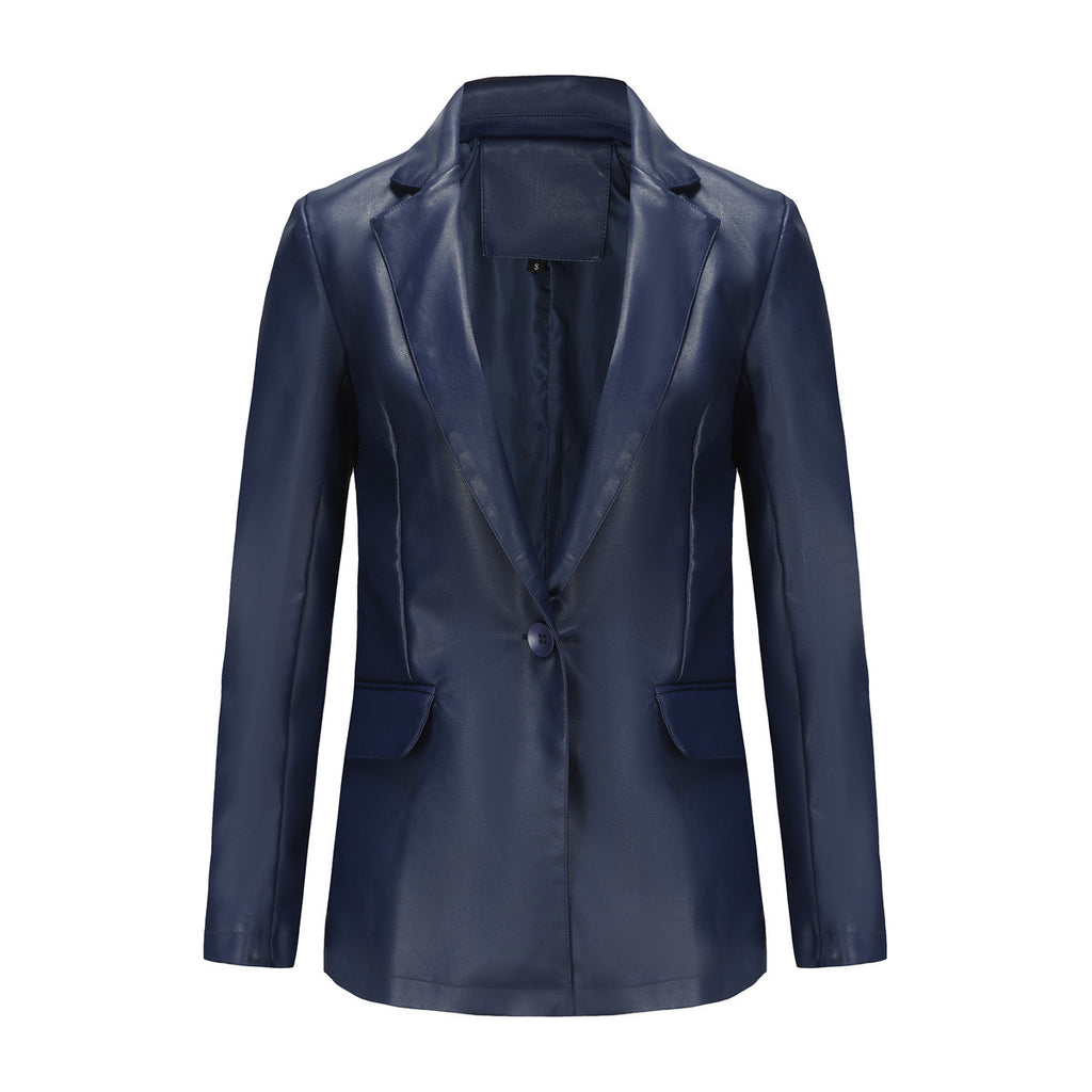 Single Button Commute Leisure Solid Color Leather Coat