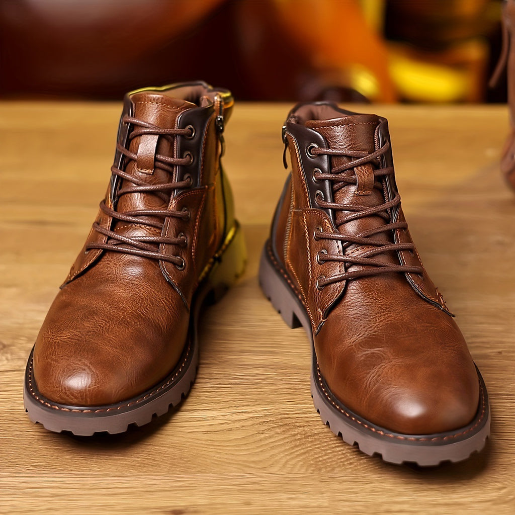 Men's Color Matching Casual Side Zipper Middle Tube Leather Boots