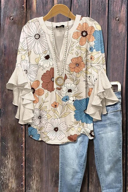 Creative Printed Casual V-Neck Lotus-Edged Top For Women