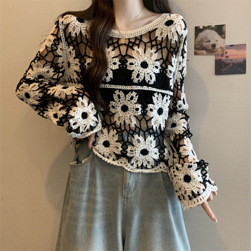 Hollow-out Crocheted Patchwork Colorful Flowers Long-sleeve Loose-fit