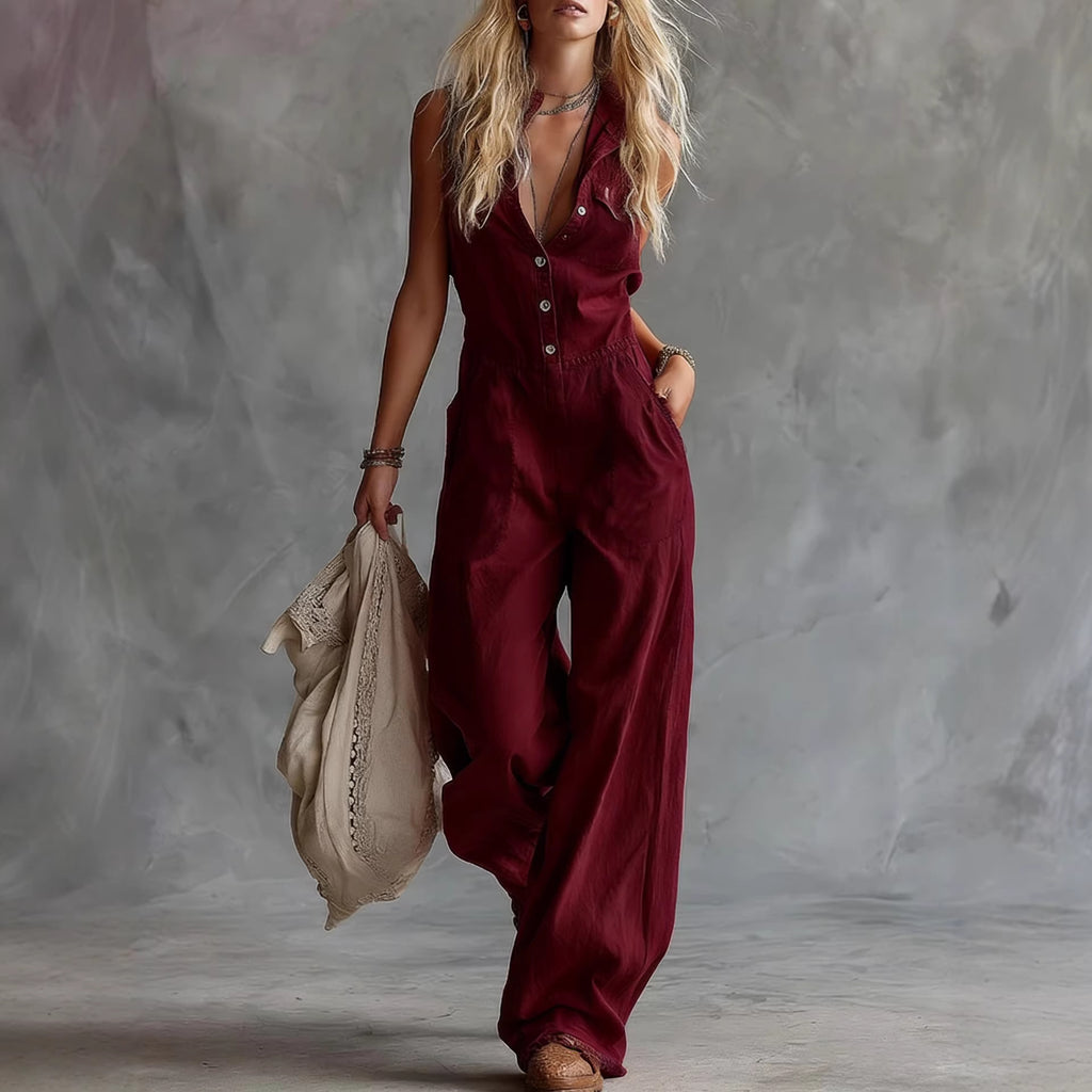 Womens Solid-Color Casual Fashion V-Neck Front-Button Sleeveless Jumpsuit