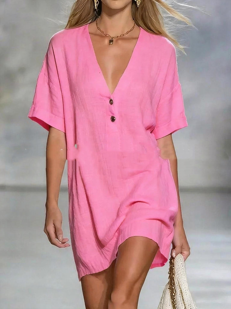 Short-Sleeve V-Neck Cotton-Linen Loose Dress