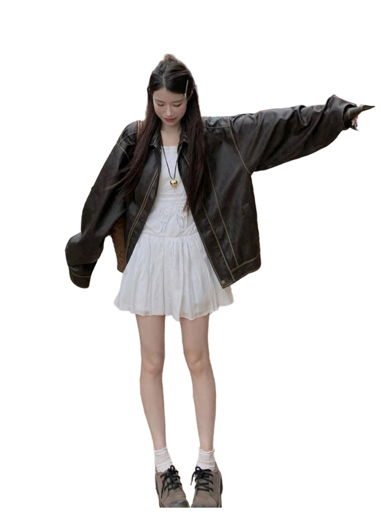 American Sweet Cool Retro Vintage Brown Leather Coat