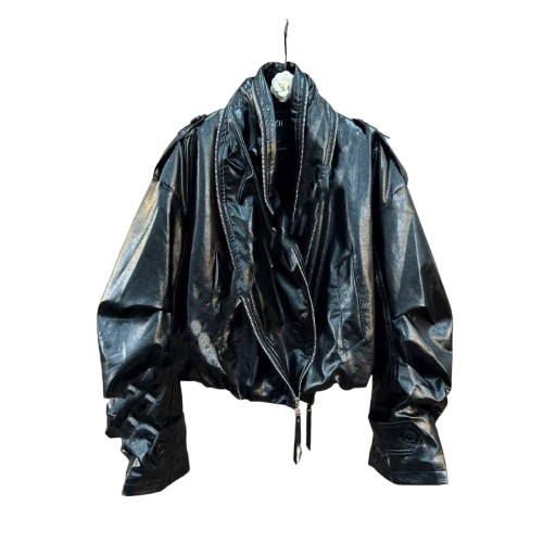 Cuffed Zipper Collar Button PU Leather Jacket Cotton Padded Jacket