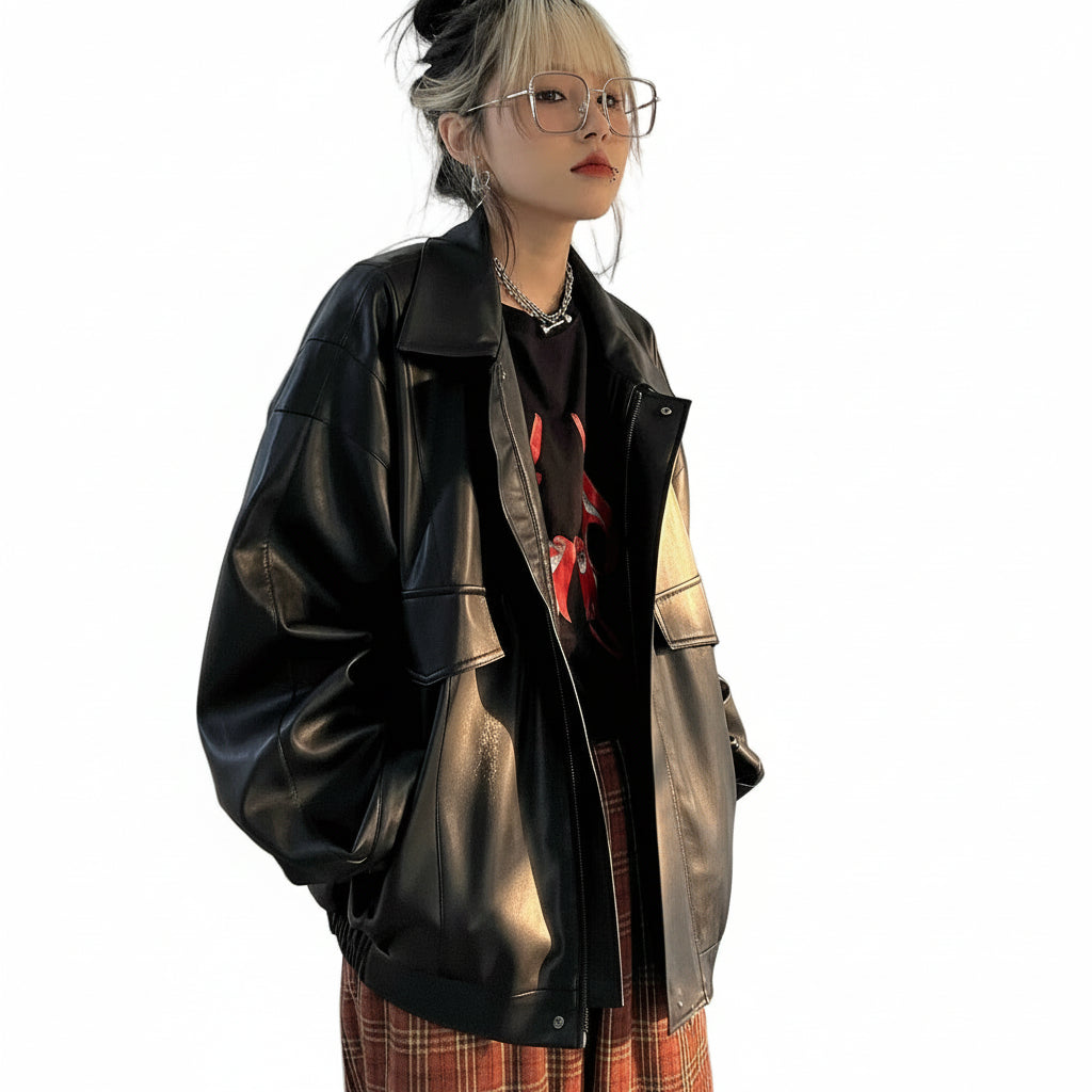Women's Loose Pu Leather Short Retro Coat